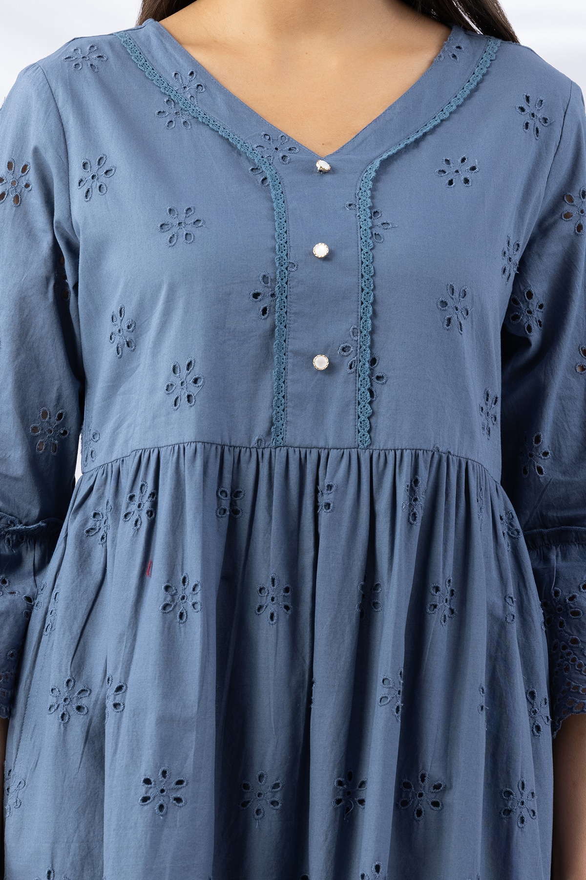 schiffli dress blue v neck flared sleeves casual wear