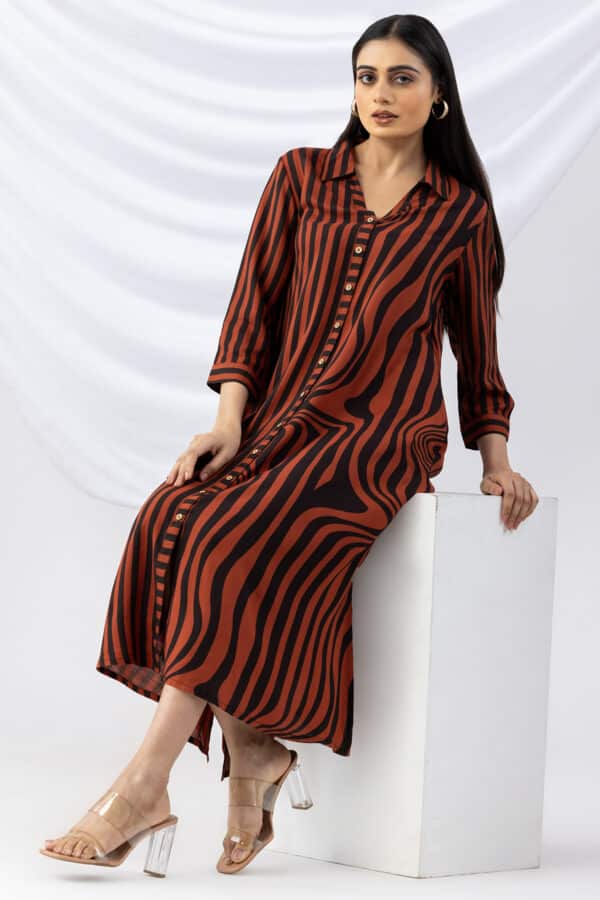 front slit dress brown black striped viscose slub collared with 3/4 sleeves
