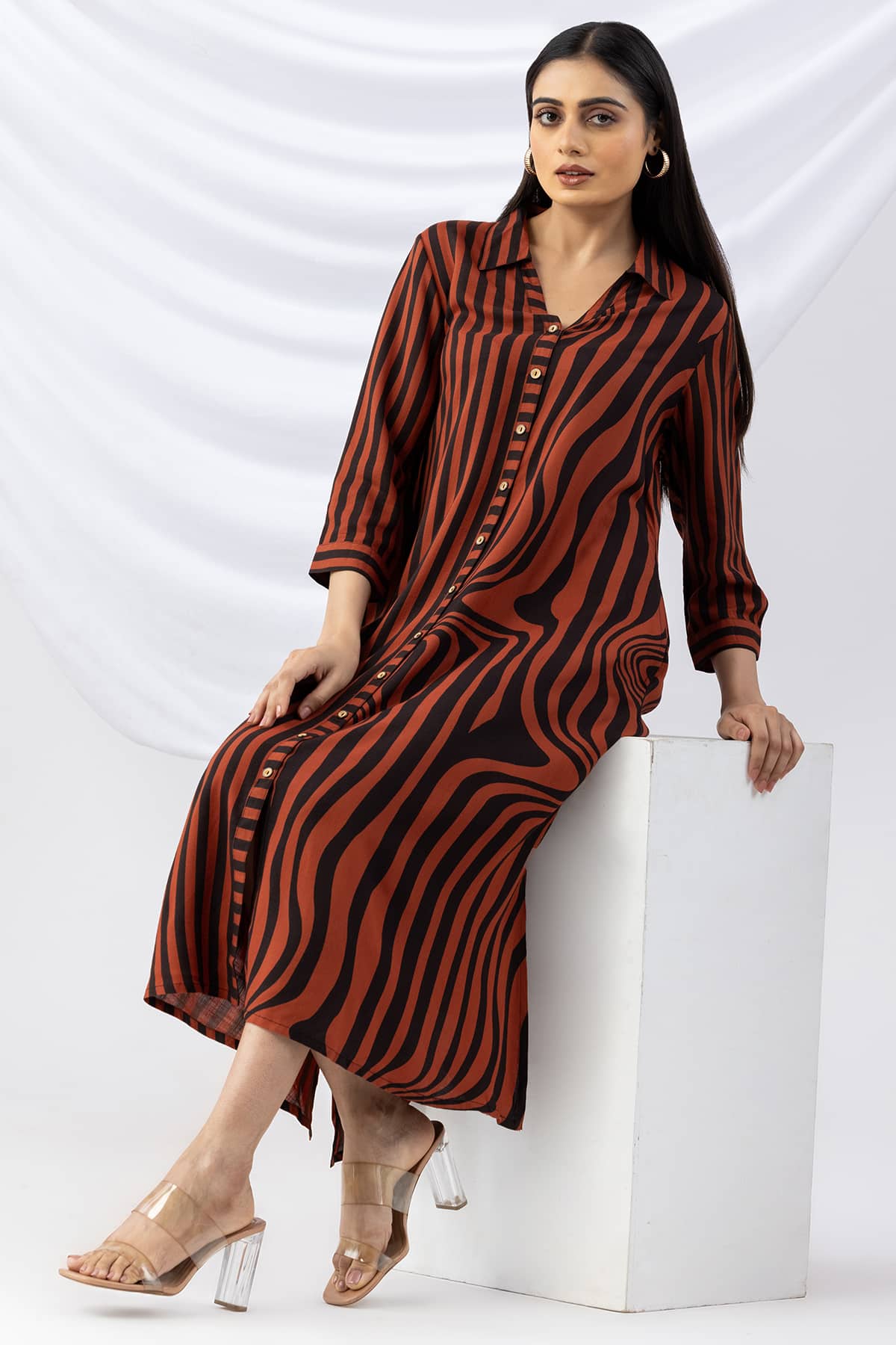 front slit dress brown black striped viscose slub collared with 3/4 sleeves
