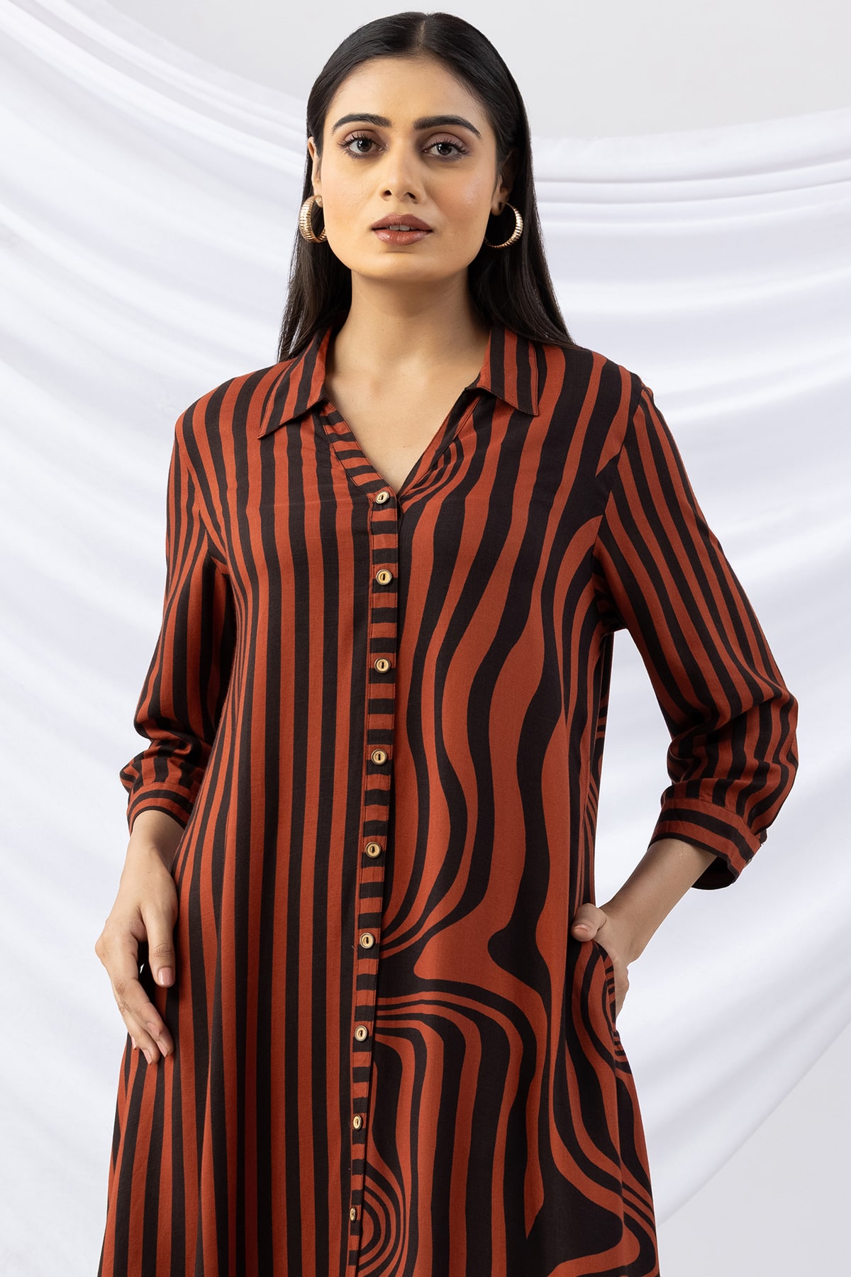 front slit dress brown black striped viscose slub collared with 3/4 sleeves