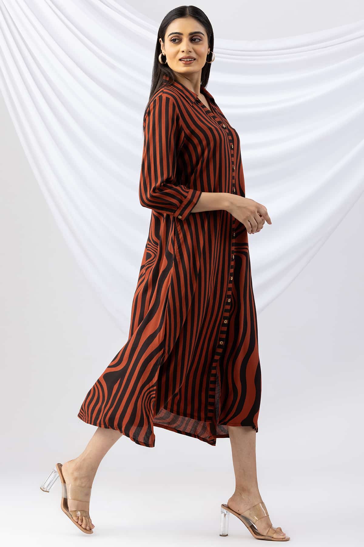 front slit dress brown black striped viscose slub collared with 3/4 sleeves