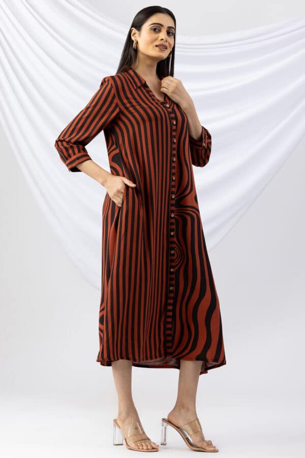 front slit dress brown black striped viscose slub collared with 3/4 sleeves