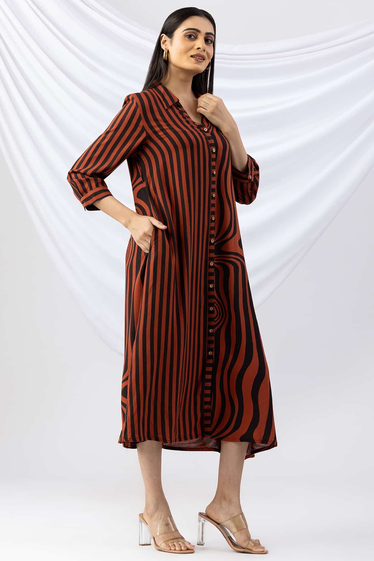 front slit dress brown black striped viscose slub collared with 3/4 sleeves