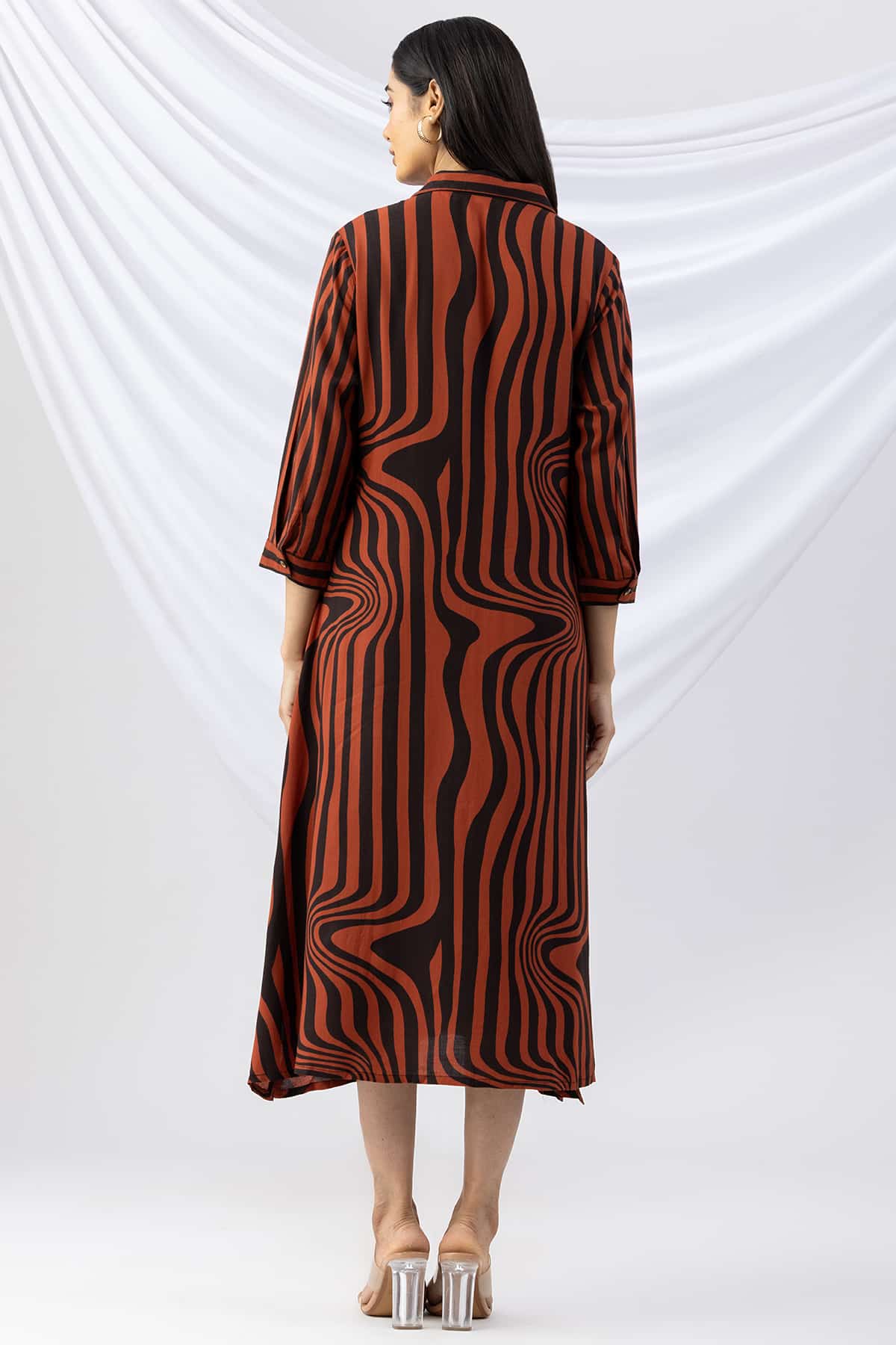 front slit dress brown black striped viscose slub collared with 3/4 sleeves