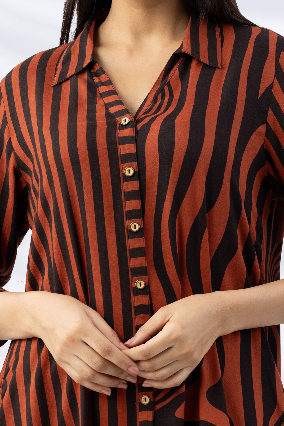 front slit dress brown black striped viscose slub collared with 3/4 sleeves