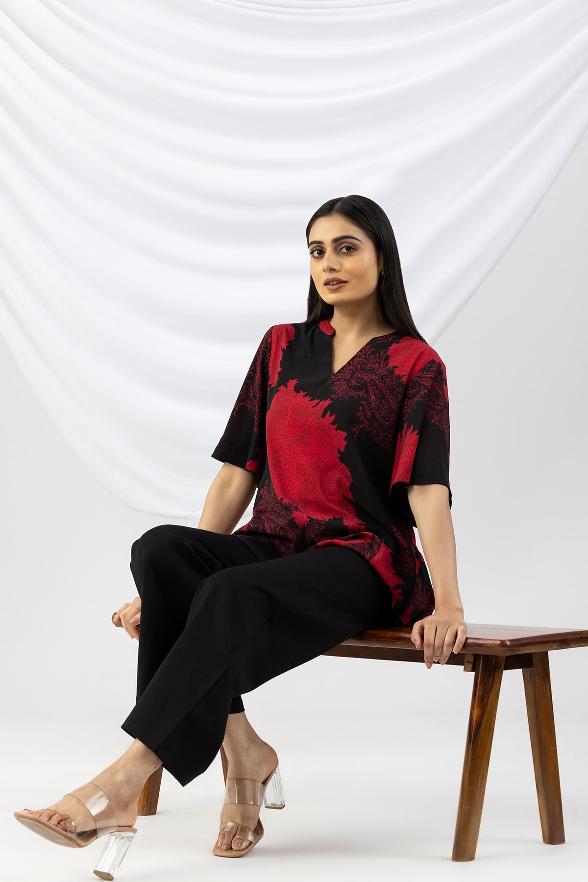flared sleeve top black red printed mandarin neck casual wear