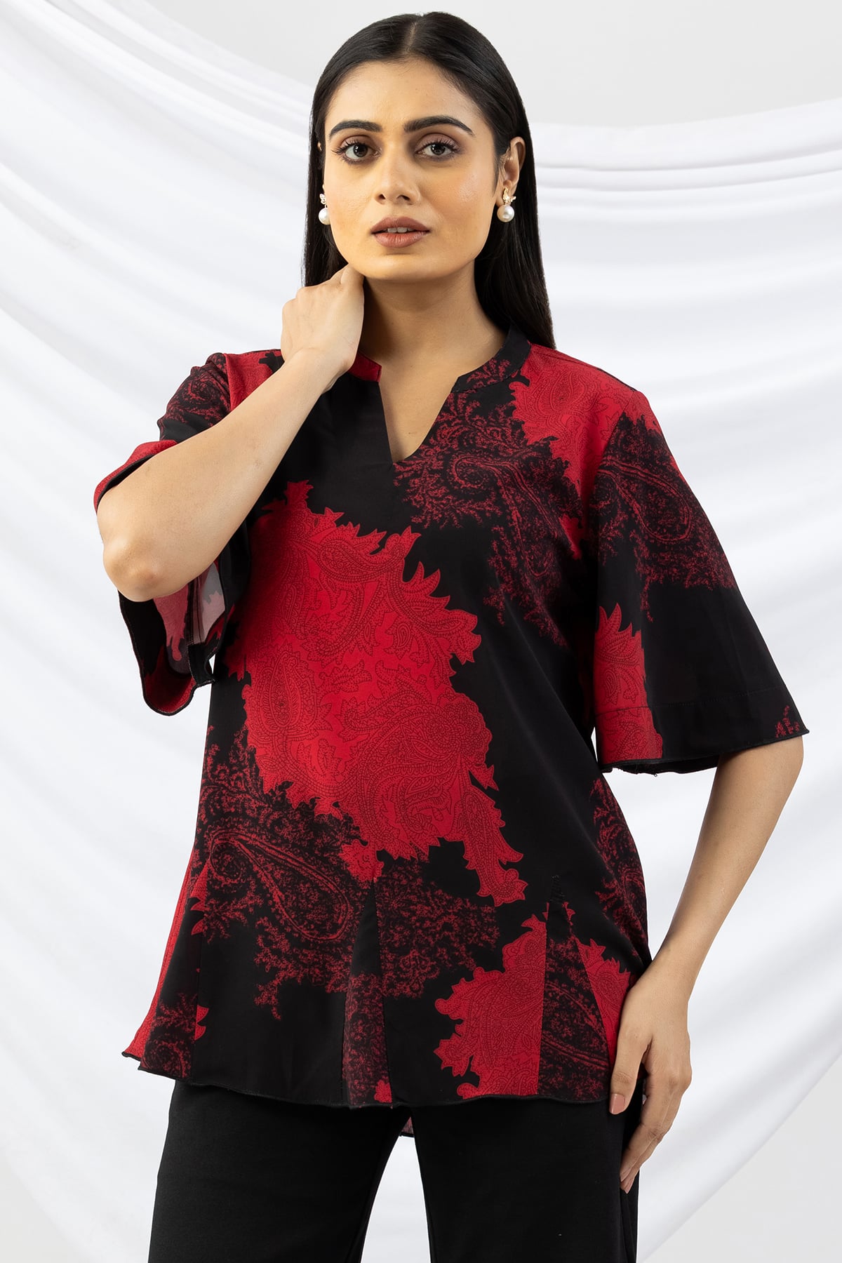 flared sleeve top black red printed mandarin neck casual wear