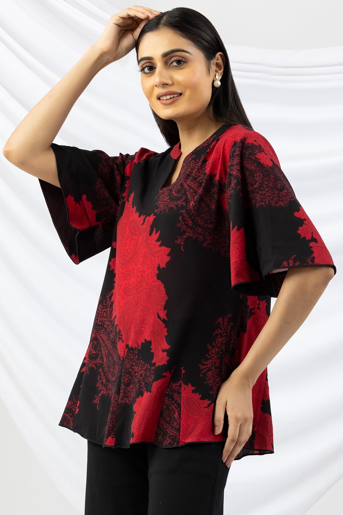 flared sleeve top black red printed mandarin neck casual wear