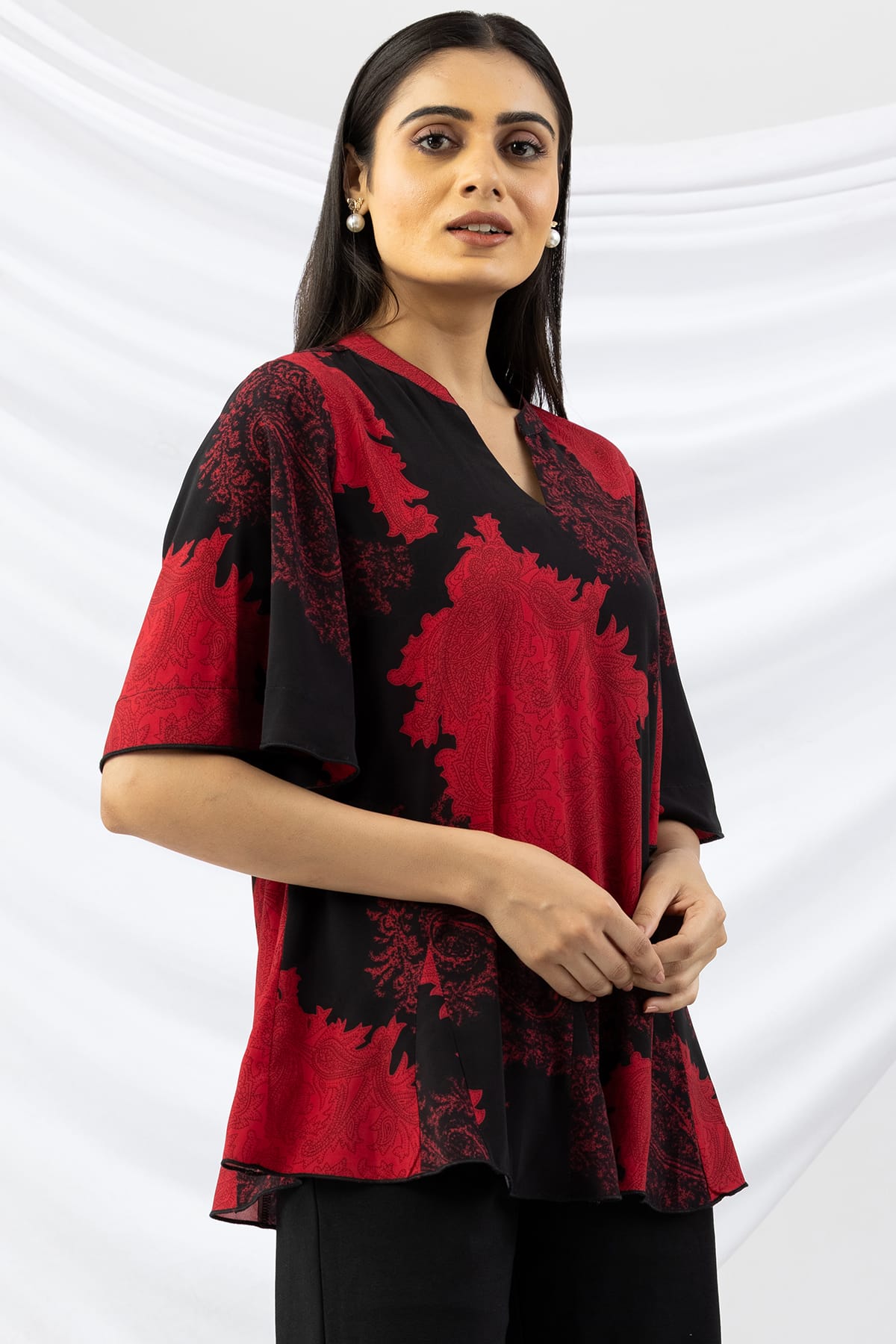 flared sleeve top black red printed mandarin neck casual wear