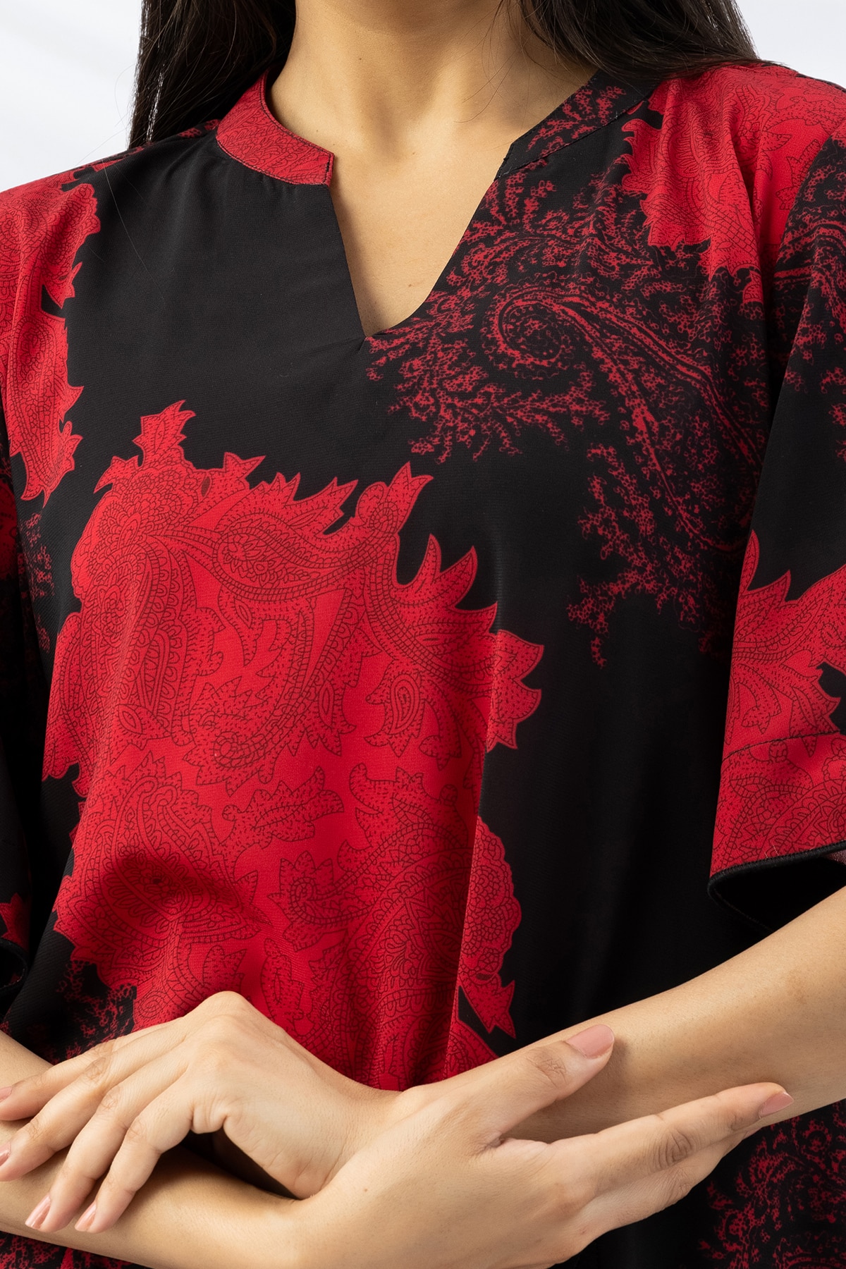 flared sleeve top black red printed mandarin neck casual wear