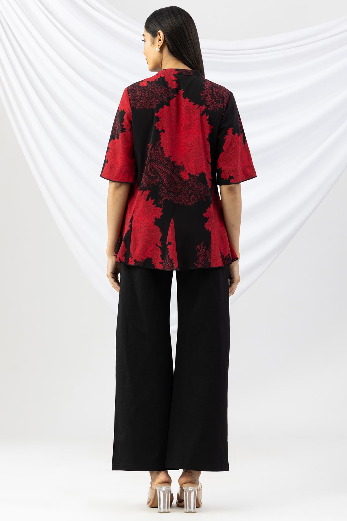 flared sleeve top black red printed mandarin neck casual wear