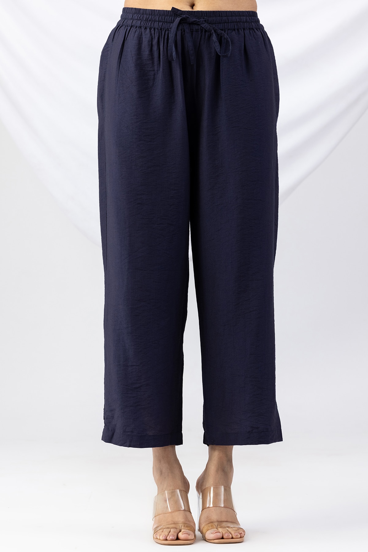 solid palazzo pants for women navy viscose crush regular fit