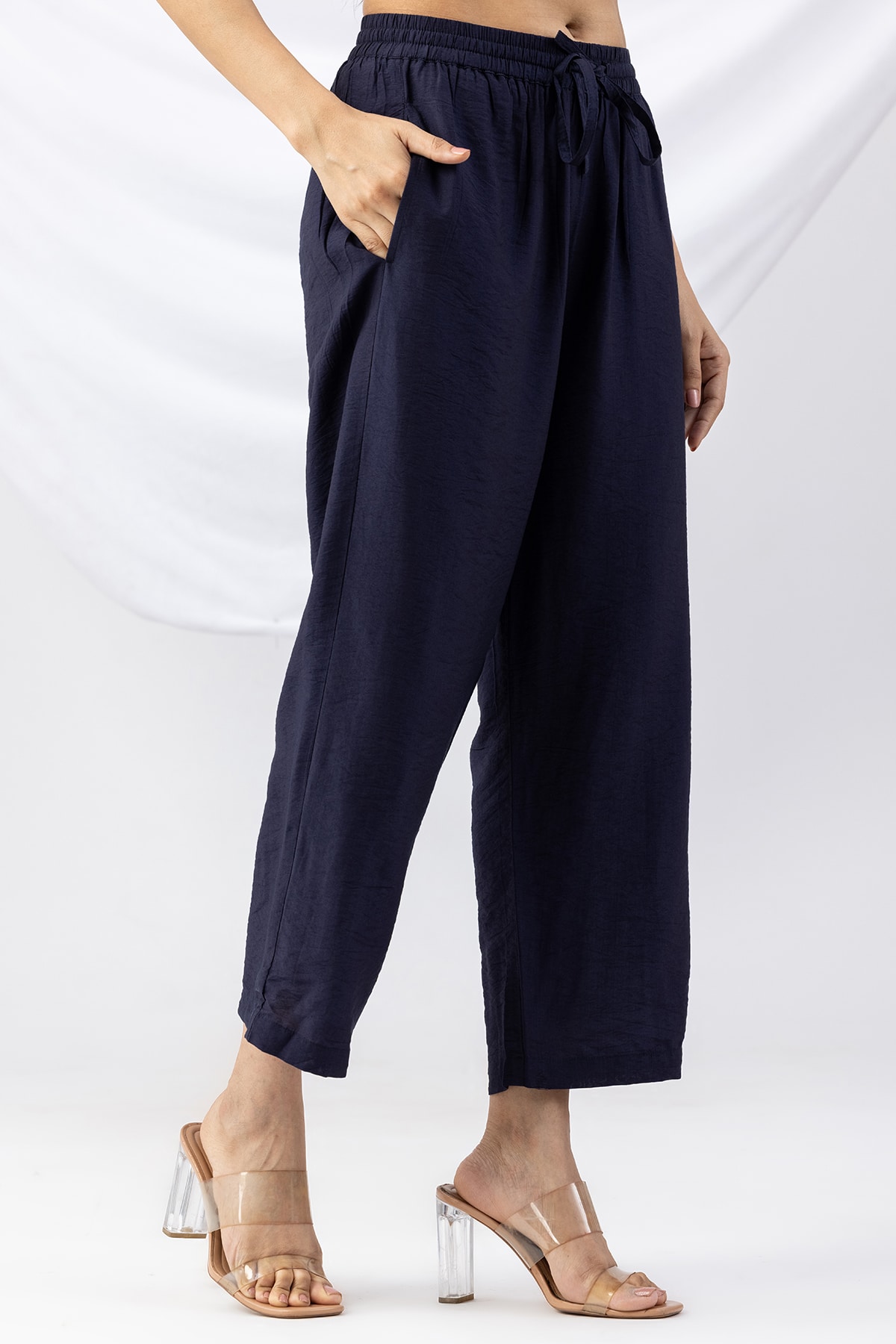 solid palazzo pants for women navy viscose crush regular fit
