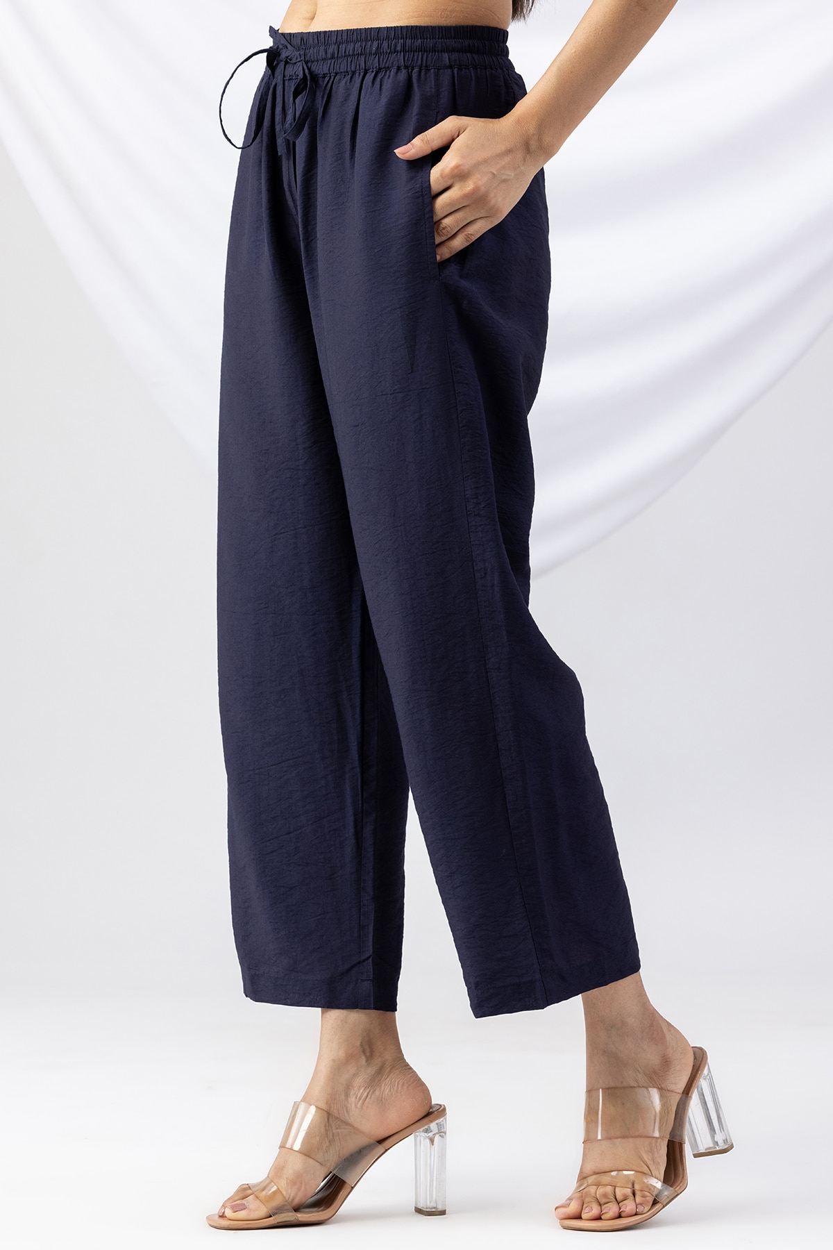 solid palazzo pants for women navy viscose crush regular fit