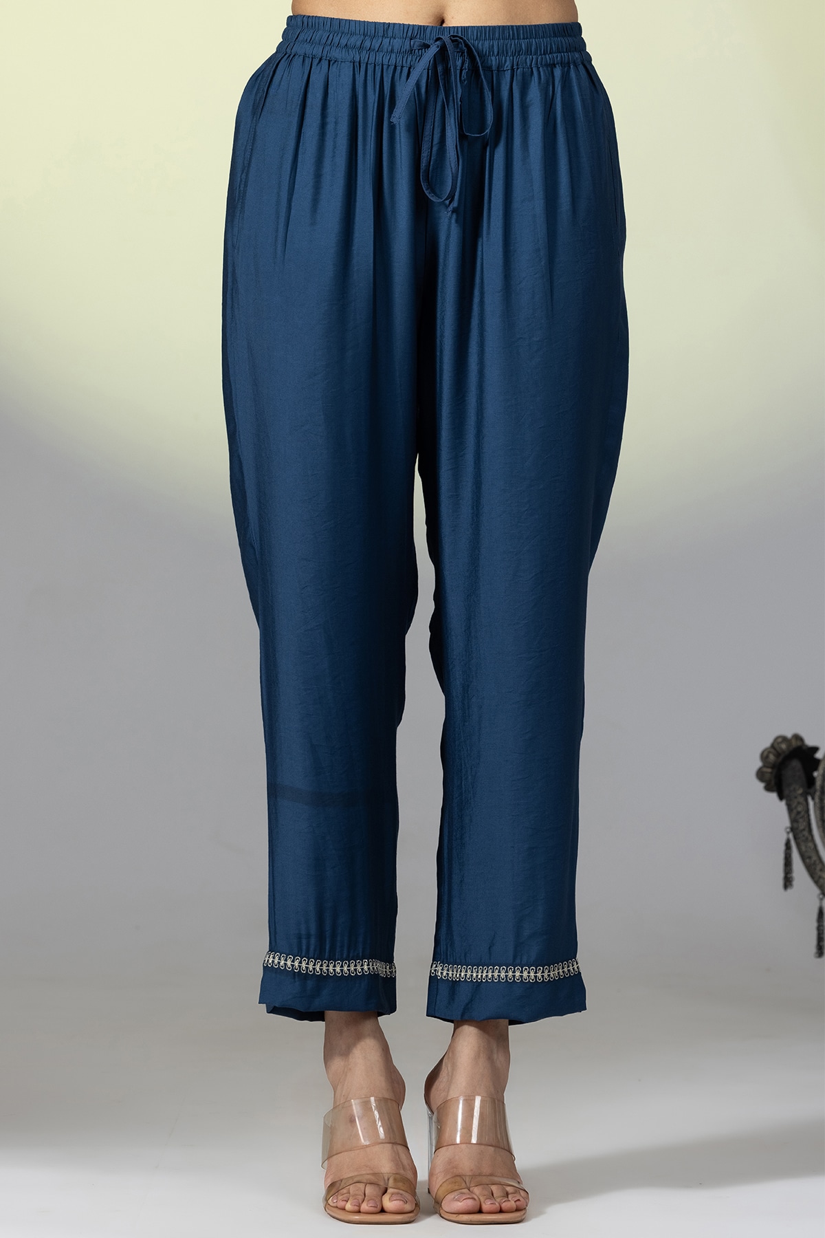 Embellished Teal Palazzo Pants For Women