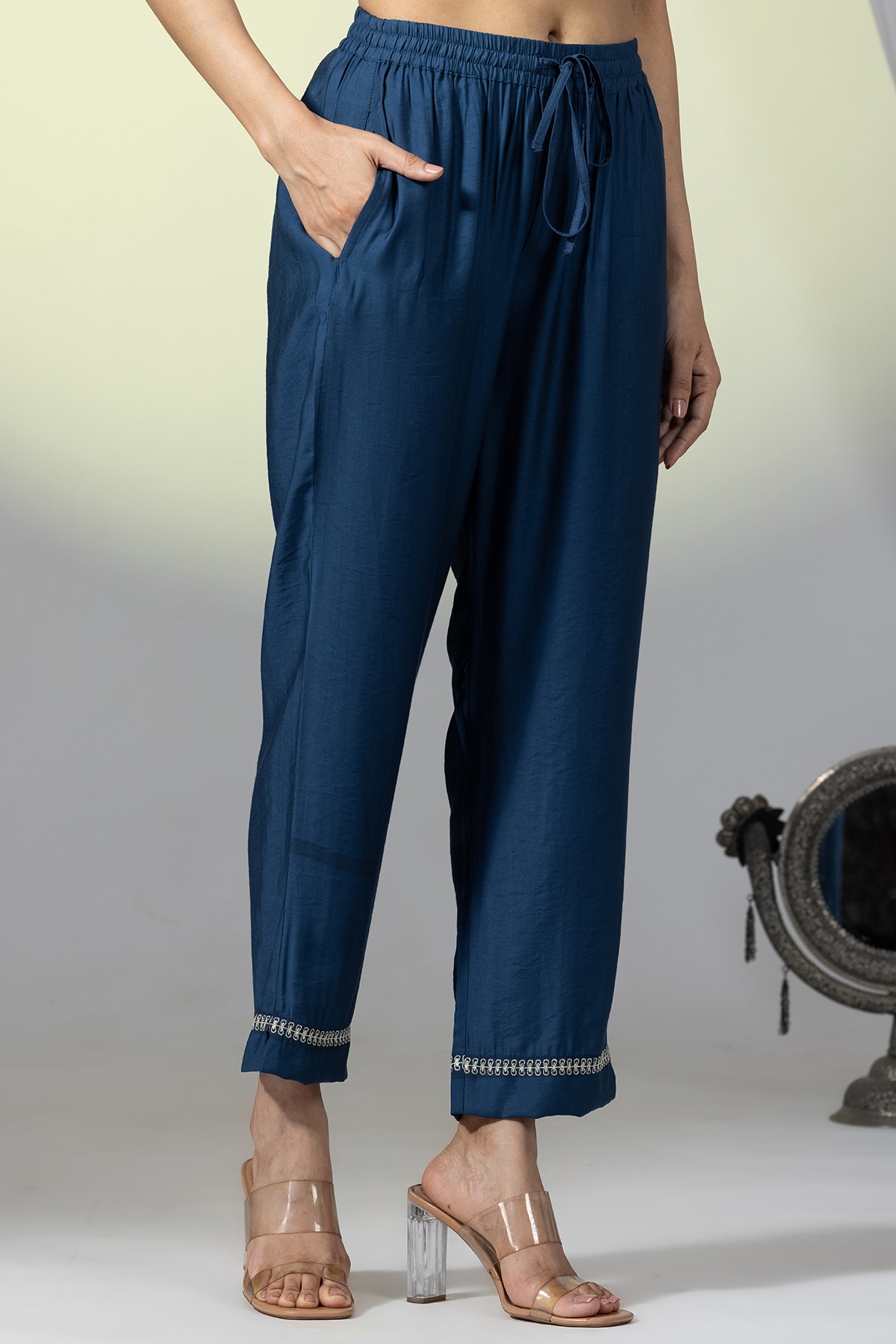 Embellished Teal Palazzo Pants For Women
