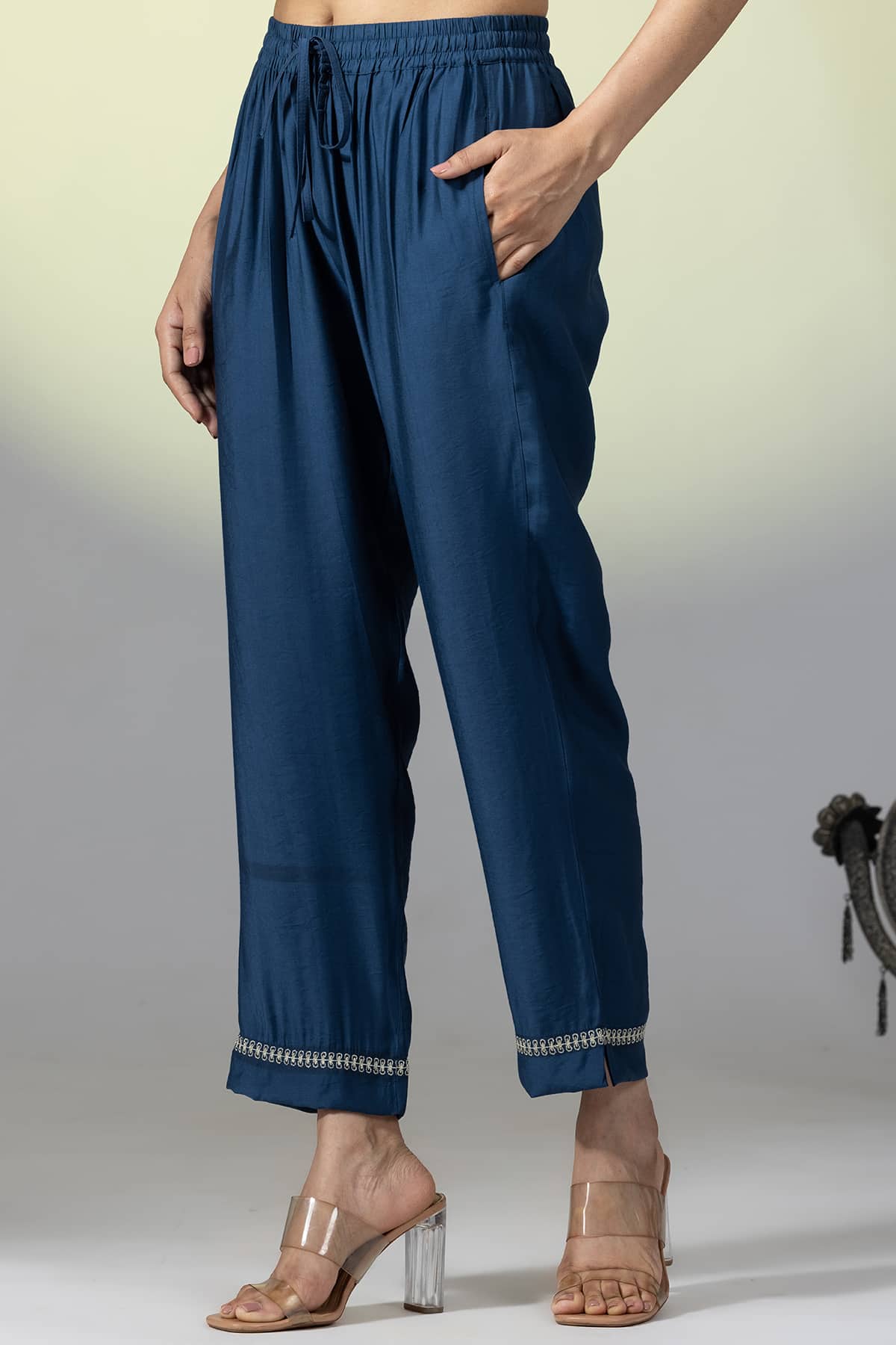 Embellished Teal Palazzo Pants For Women