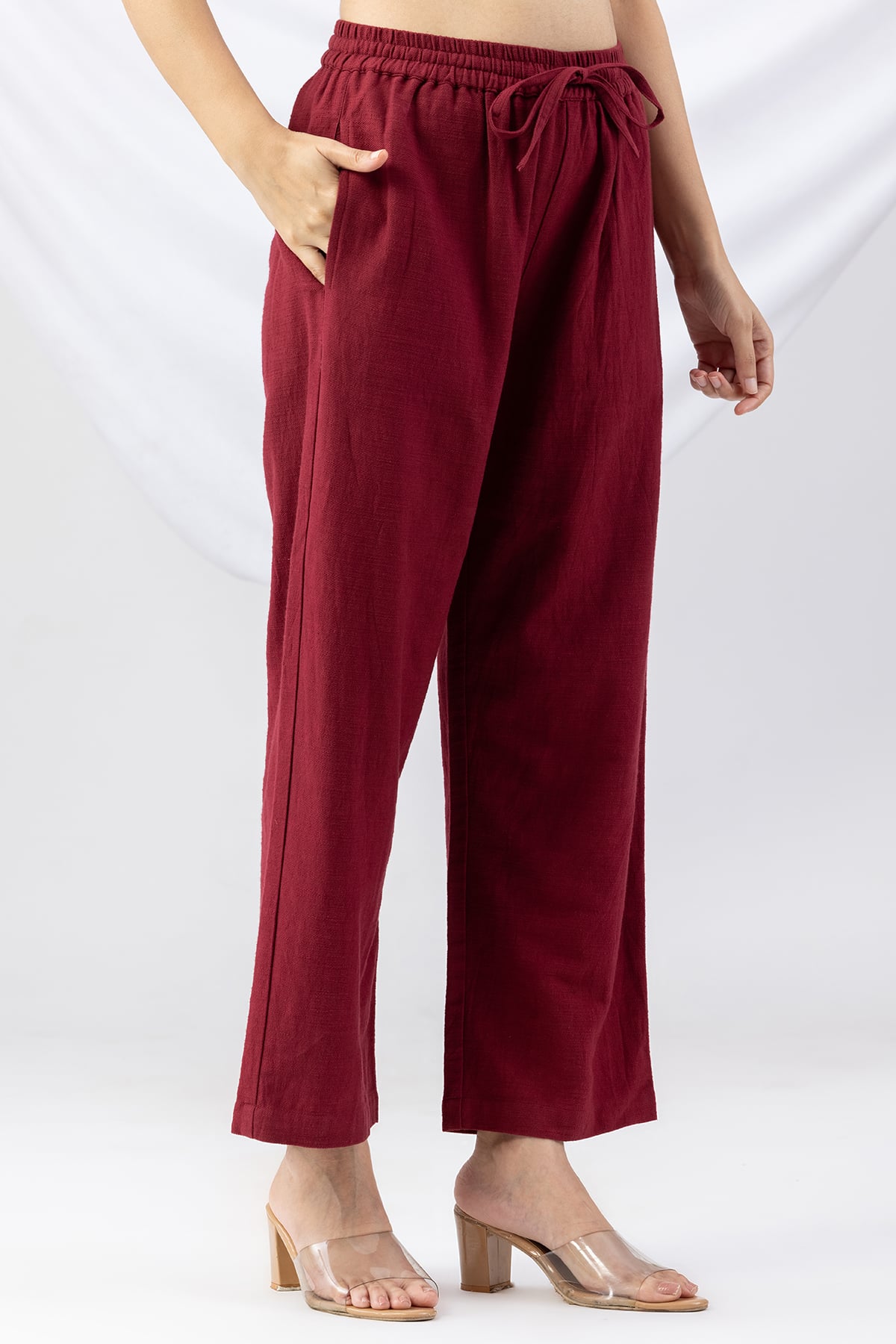 cotton palazzo women maroon solid viscose slub regular fit