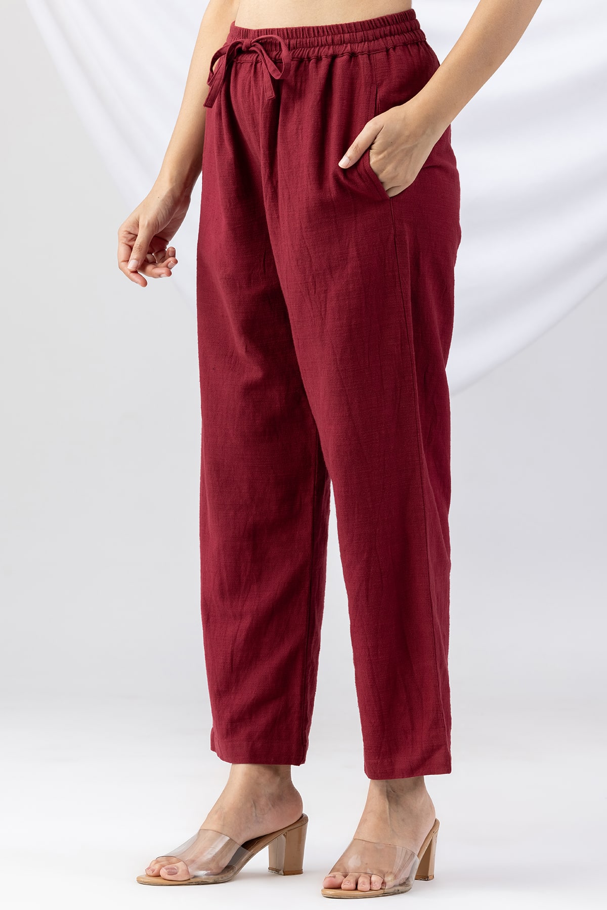 cotton palazzo women maroon solid viscose slub regular fit