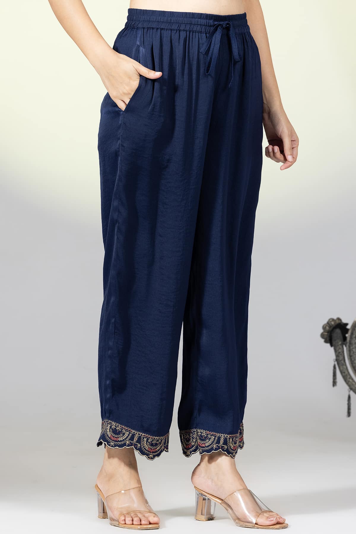 Embellished Navy Palazzo Pants For Women