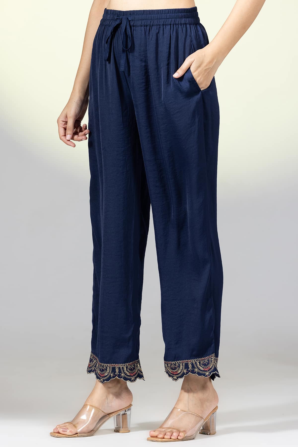 Embellished Navy Palazzo Pants For Women