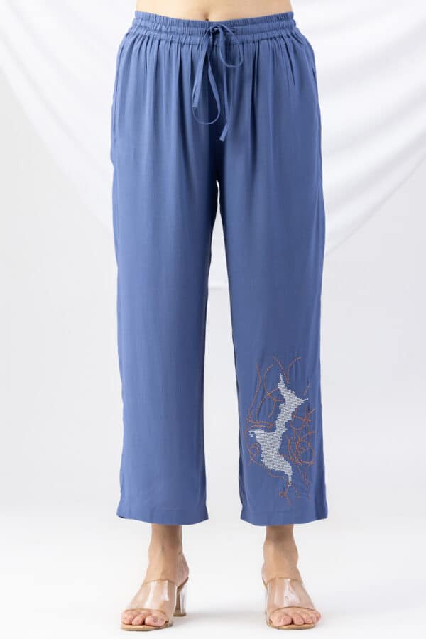 Embroidered Co Ord Blue Palazzo Pants For Women