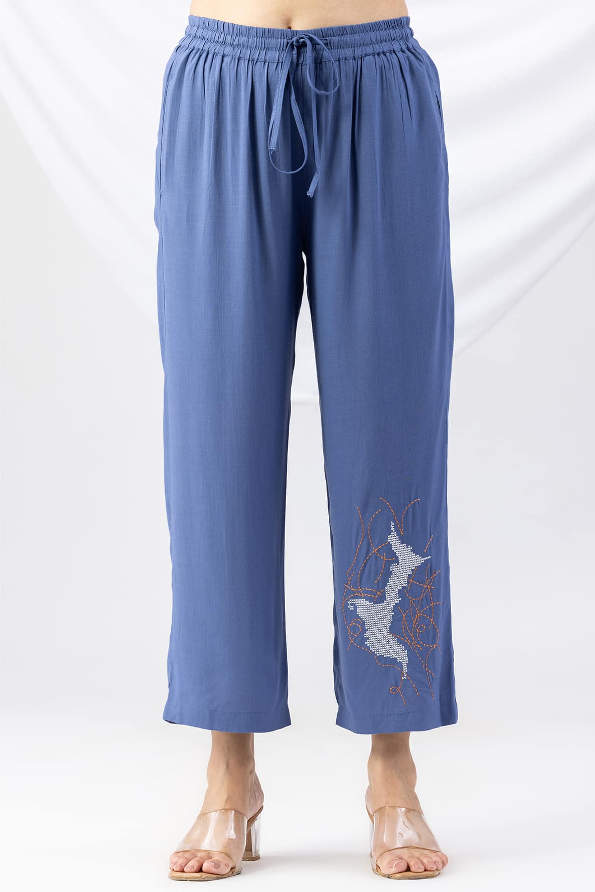 Embroidered Co Ord Blue Palazzo Pants For Women