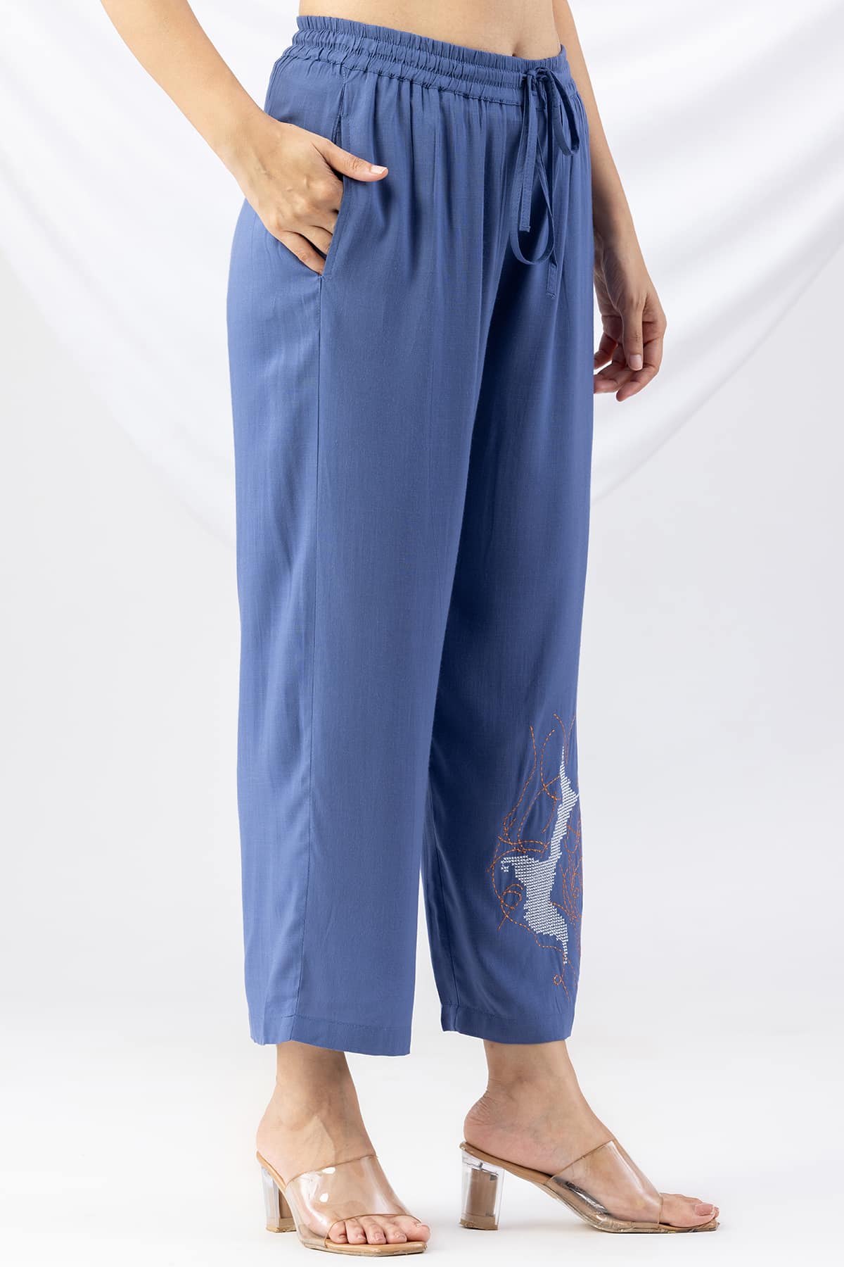 Embroidered Co Ord Blue Palazzo Pants For Women