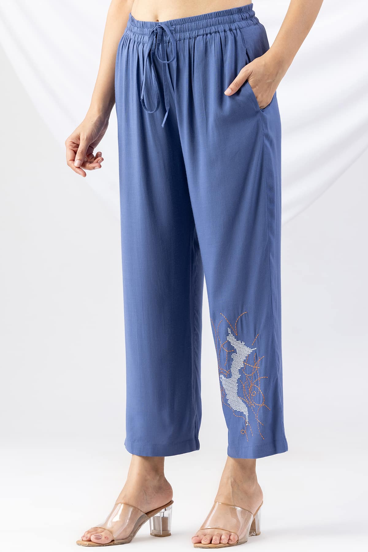 Embroidered Co Ord Blue Palazzo Pants For Women