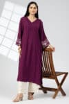 purple kurti for women embroidered rayon v neck with 3/4 sleeves