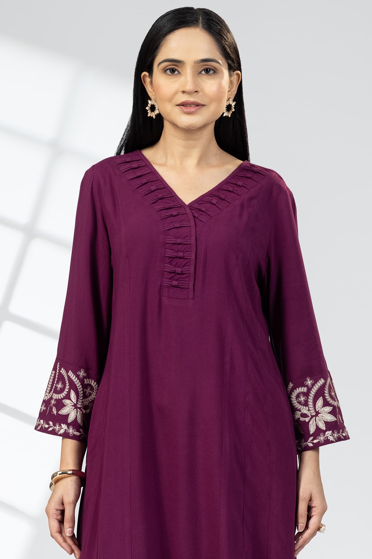 purple kurti for women embroidered rayon v neck with 3/4 sleeves