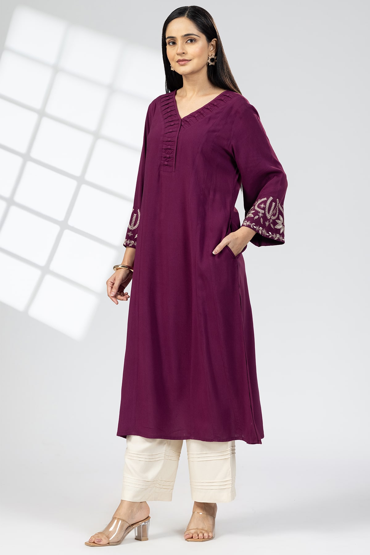 purple kurti for women embroidered rayon v neck with 3/4 sleeves