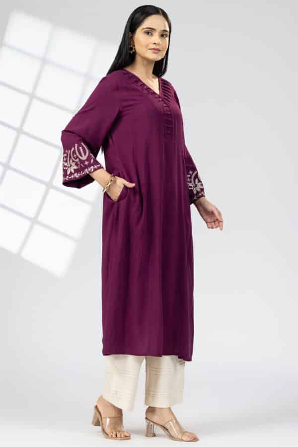 purple kurti for women embroidered rayon v neck with 3/4 sleeves