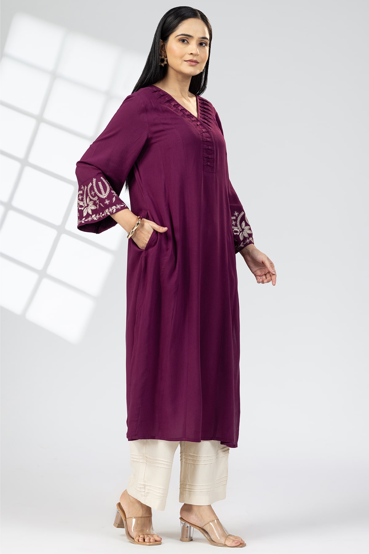 purple kurti for women embroidered rayon v neck with 3/4 sleeves