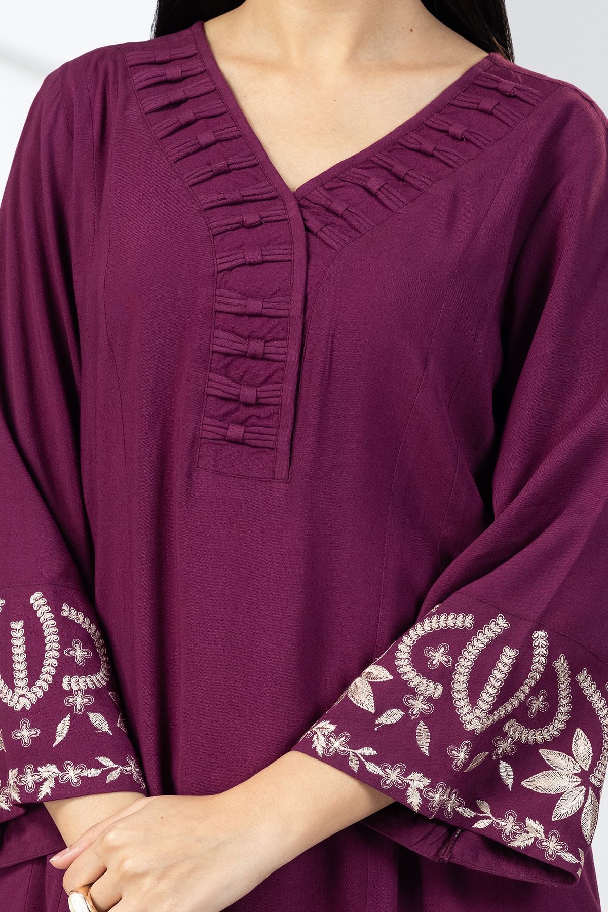 purple kurti for women embroidered rayon v neck with 3/4 sleeves
