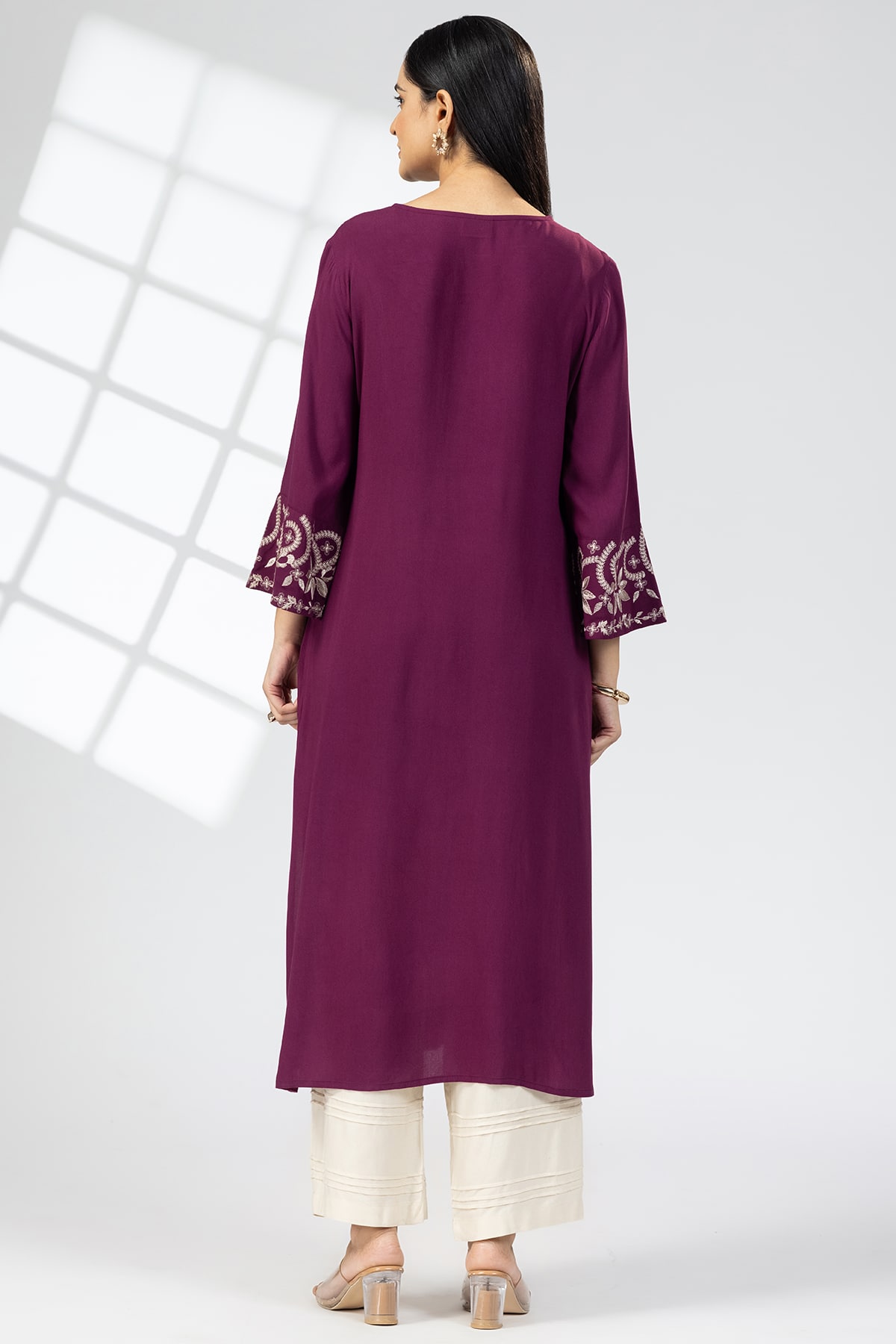 purple kurti for women embroidered rayon v neck with 3/4 sleeves