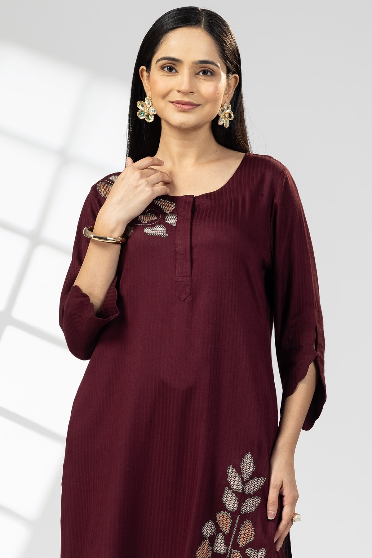 Plum Embroidered Kurta For Ladies
