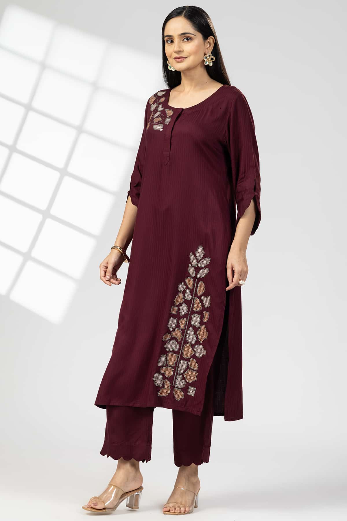 Plum Embroidered Kurta For Ladies