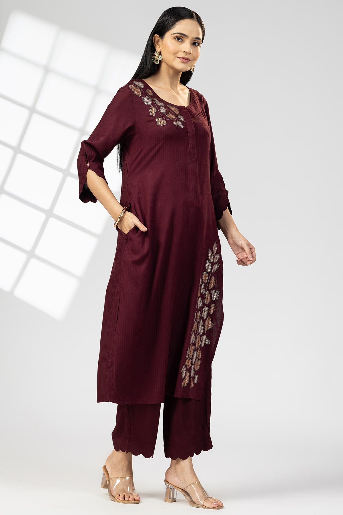 Plum Embroidered Kurta For Ladies