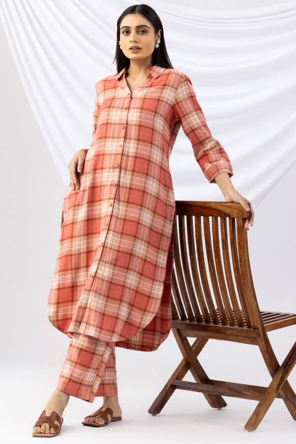 Checks Rust Winter Kurti For Woman