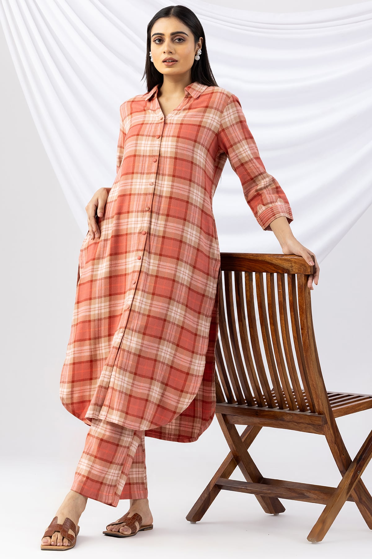 Checks Rust Winter Kurti For Woman