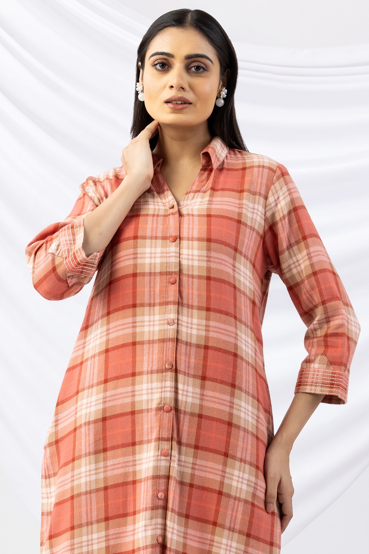 Checks Rust Winter Kurti For Woman