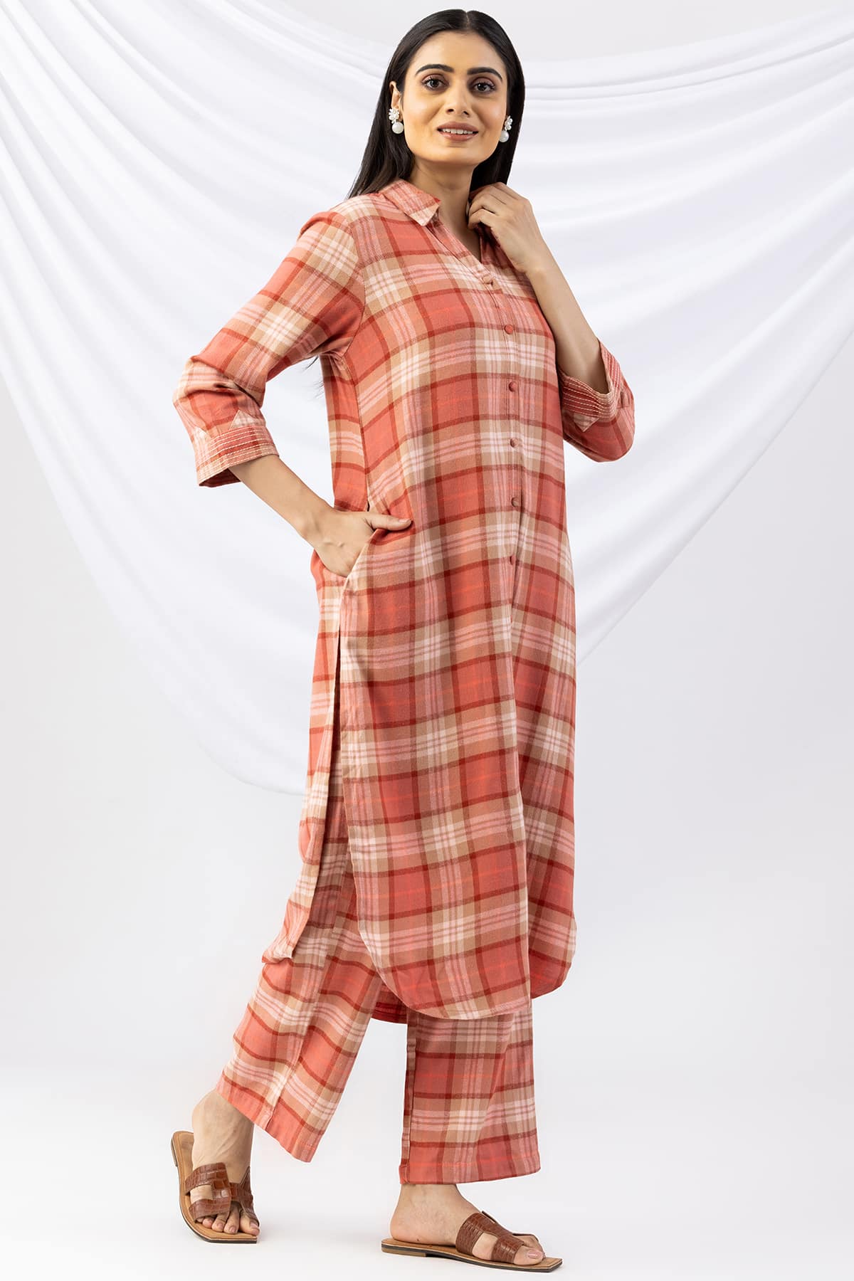 Checks Rust Winter Kurti For Woman