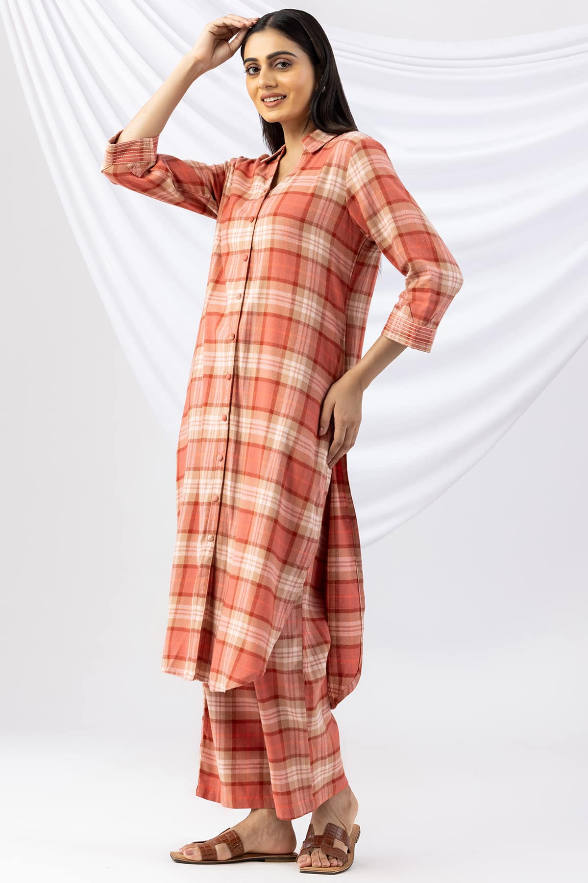 Checks Rust Winter Kurti For Woman