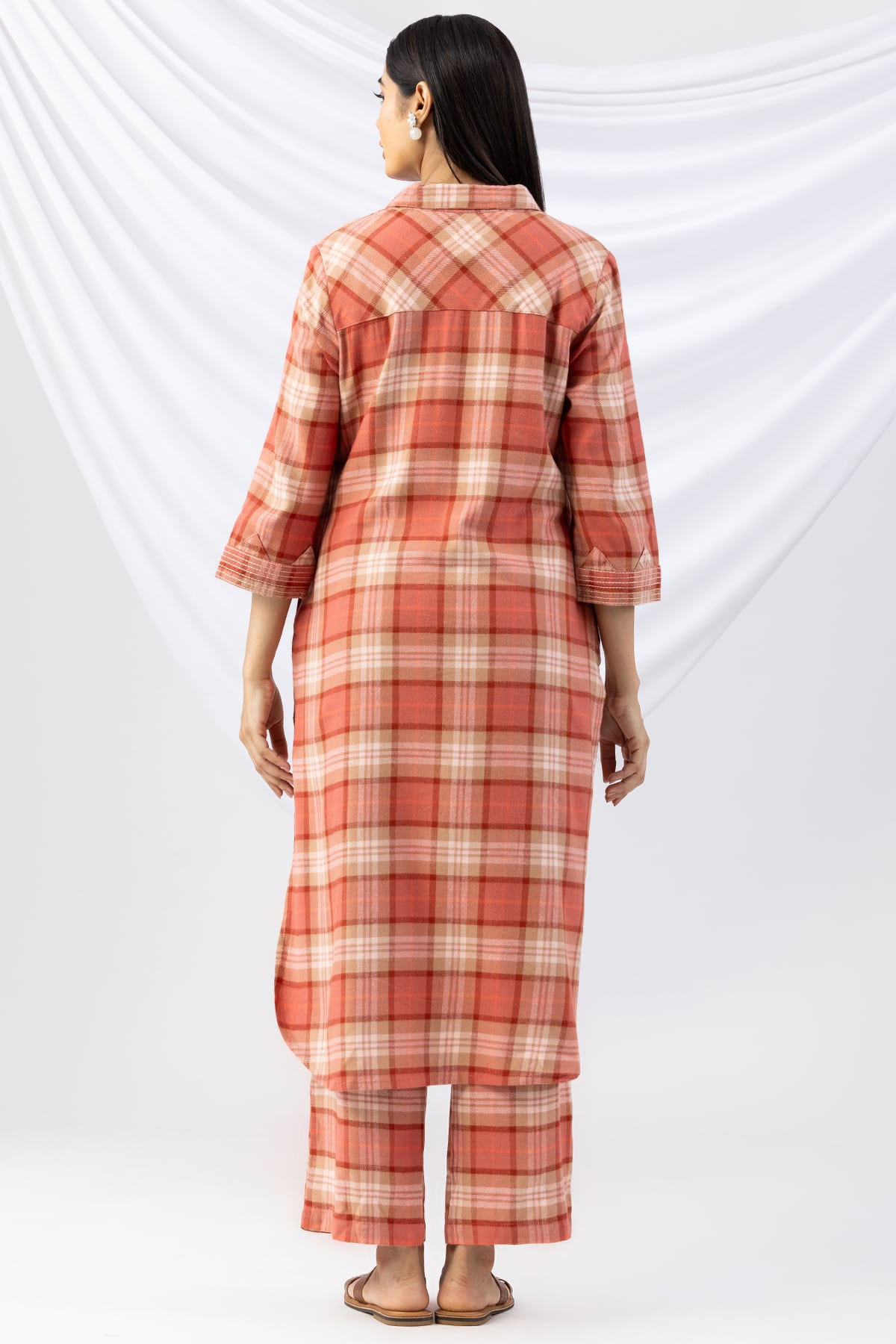 Checks Rust Winter Kurti For Woman