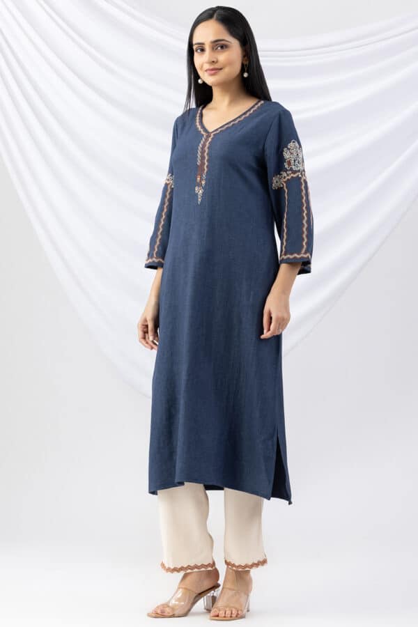 Embroidered Blue Woolen Kurti Ladies