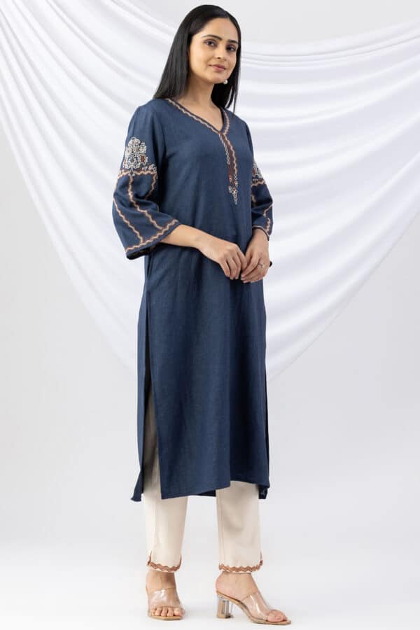 Embroidered Blue Woolen Kurti Ladies
