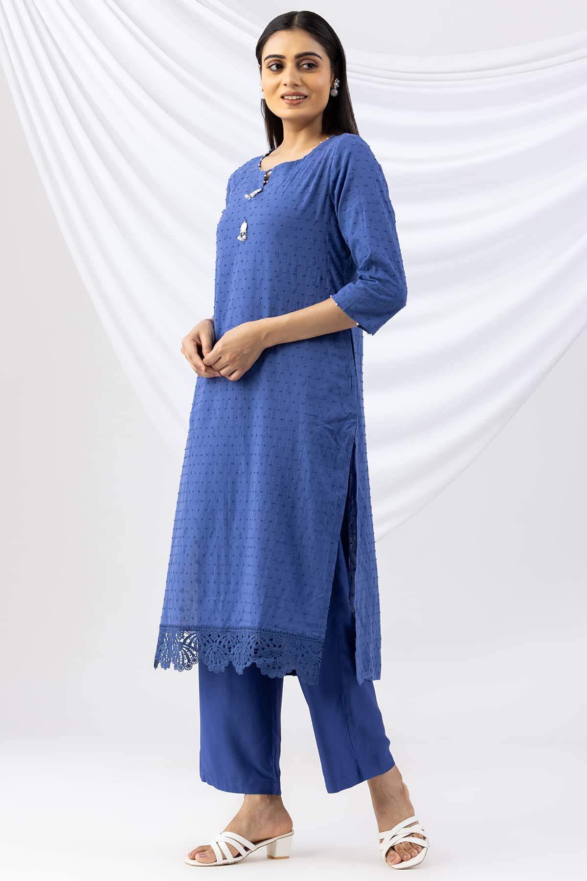 Embroidered Blue Cotton Kurti For Woman