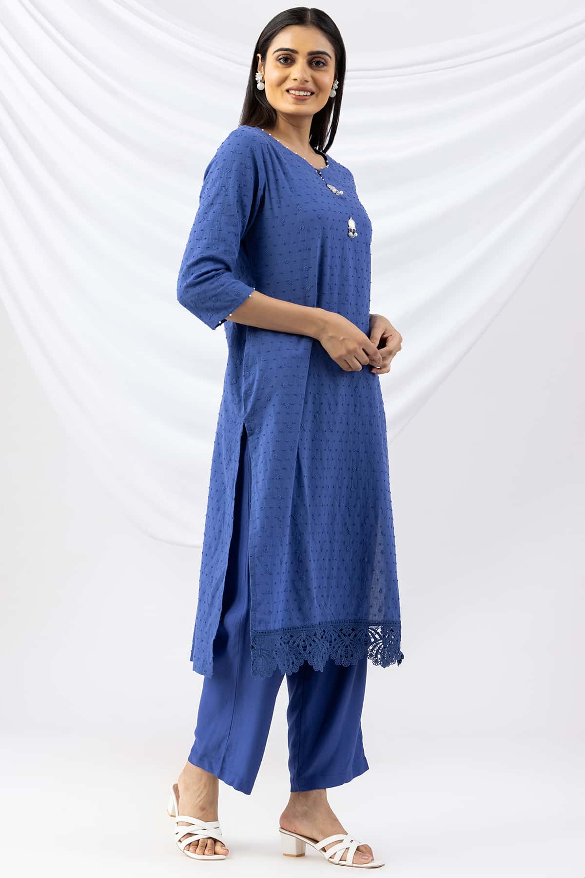 Embroidered Blue Cotton Kurti For Woman
