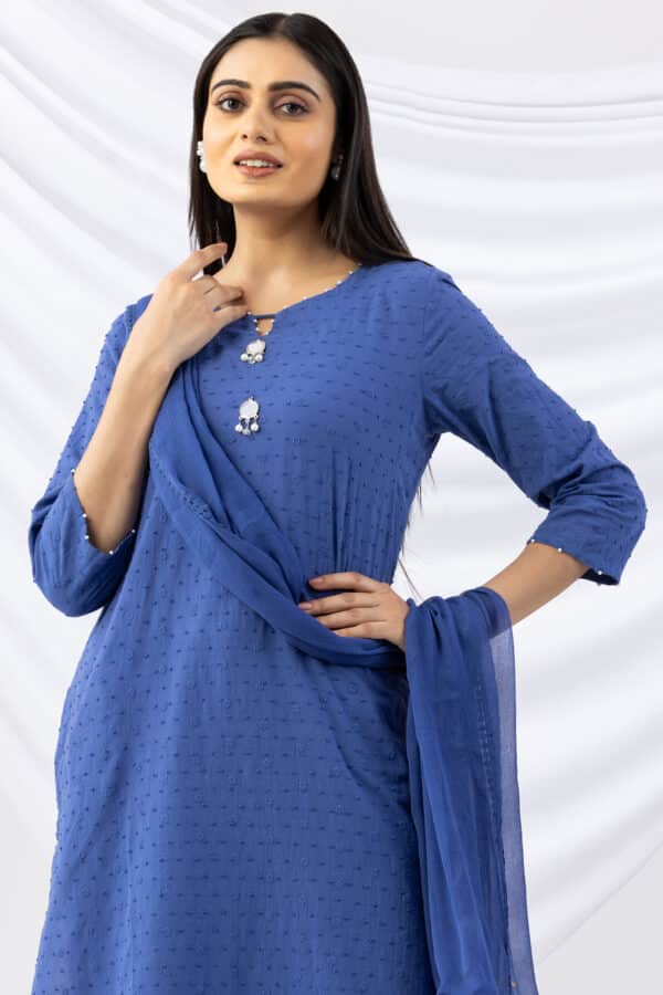 Embroidered Blue Cotton Kurti For Woman
